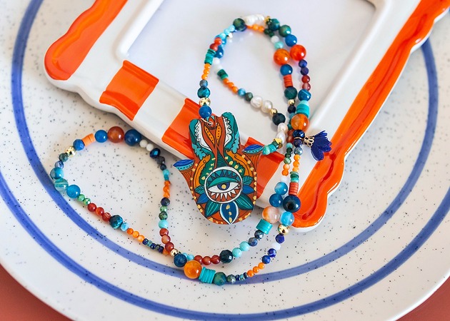 naszyjniki - inne Długi naszyjni ręka Fatimy pomrańcz turkus