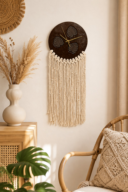 Ozdoby na ścianę Ceramiczny zegar ścienny z makramą handmade monstera