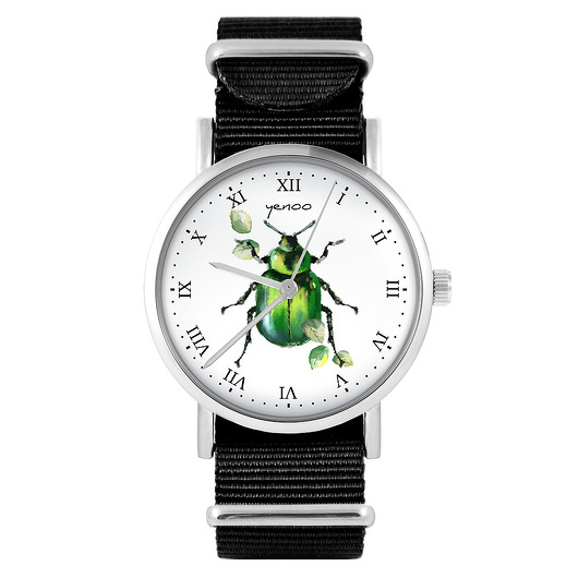 zegarki unisex Zegarek - Zielony żuczek - czarny, nylonowy