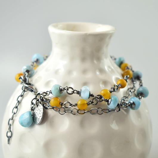 bransoletki srebrne Larimar z bursztynem w srebrze - bransoletka