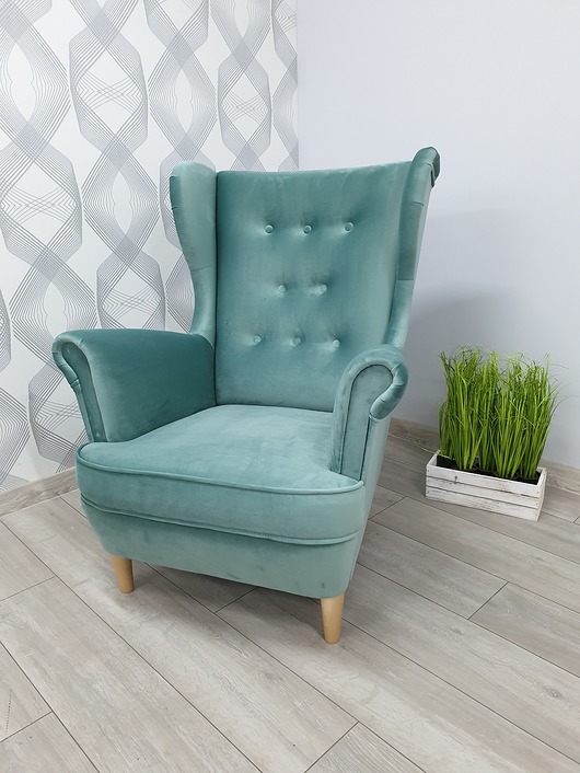Fotel uszak z podnóżkiem Piano miętowy welur Scandi Home Style