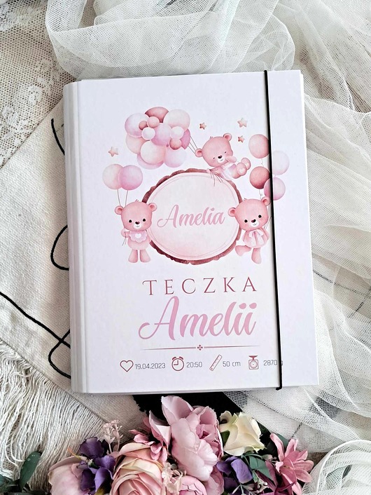 notatniki i albumy TECZKA MISIE Z BALONAMI z metryczką, prezent na roczek, narodziny