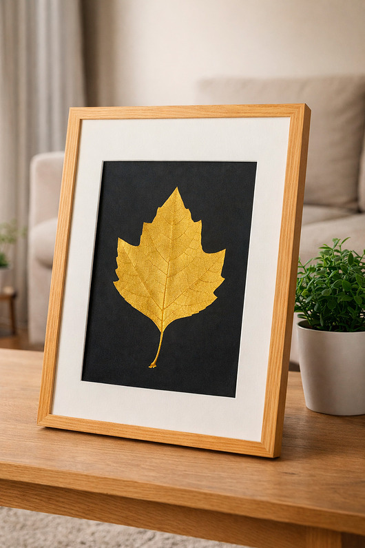 Ozdoby na ścianę Złoty Liść Platan Klonolistny w Dębowej Ramie 20x30cm. Naturalny Obraz