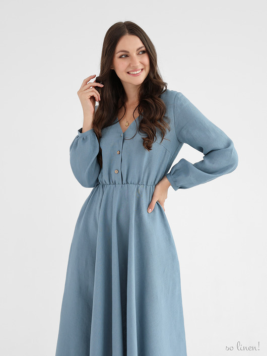 sukienki maxi damskie Lniana sukienka CAMELLIA MAXI DUSTY BLUE