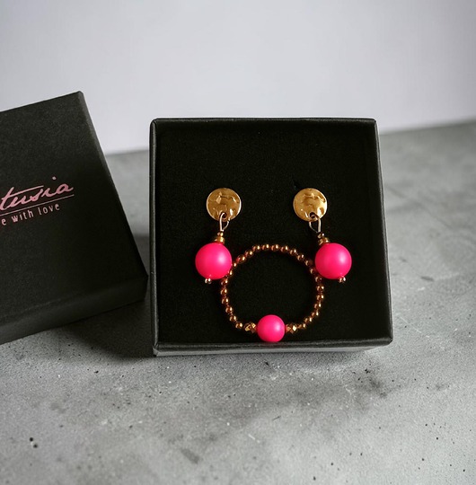 komplet biżuterii RAZEM TANIEJ! Swarovski neon pearls : neon pink : kolczyki & pierścionek