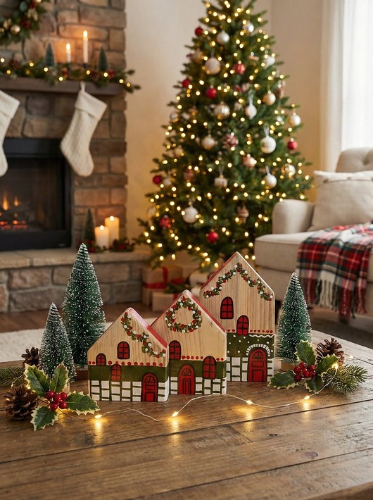 dekoracje świąteczne Zestaw drewnianych domków
