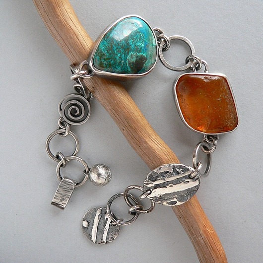 bransoletki srebrne -chryzokola i bursztyn-