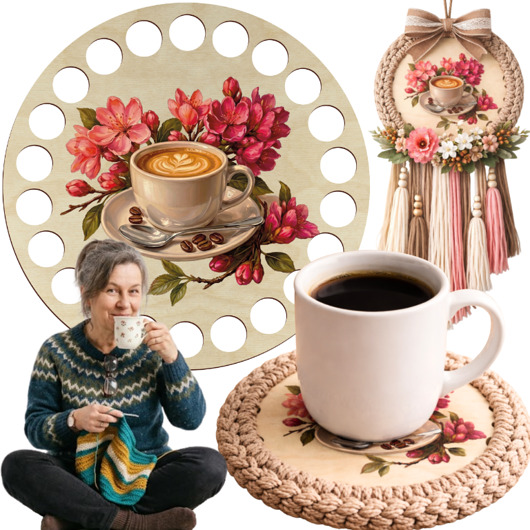makramy Drewniana Podkładka Baza Spód 10cm pod Kubek Szklankę KAWA do Szydełkowania