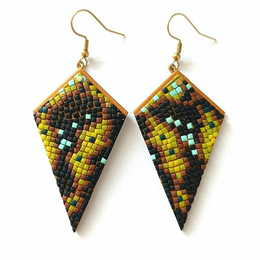 kolczyki z masy plastycznej Duże Wiszące Zielone Brązowe Kolczyki Boho Geometryczne