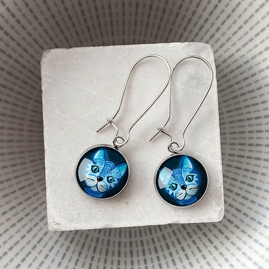 kolczyki szklane Blue Cat kolczyki długie z kotem