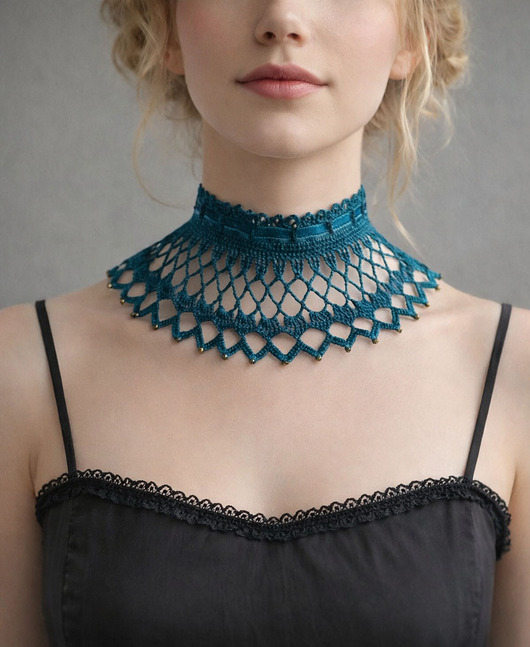 chokery Naszyjnik koronkowy ciemny turkus/morski styl retro
