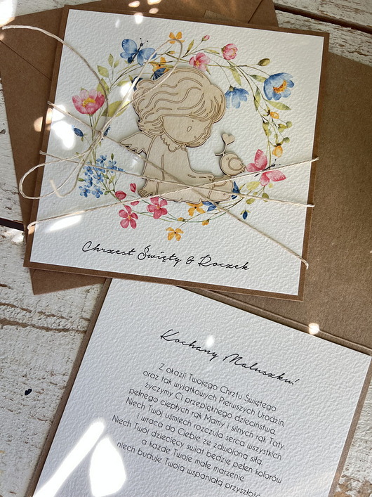 kartki, zaproszenia na chrzest Wyjątkowa ręcznie robiona kartka na chrzest i roczek jednocześnie