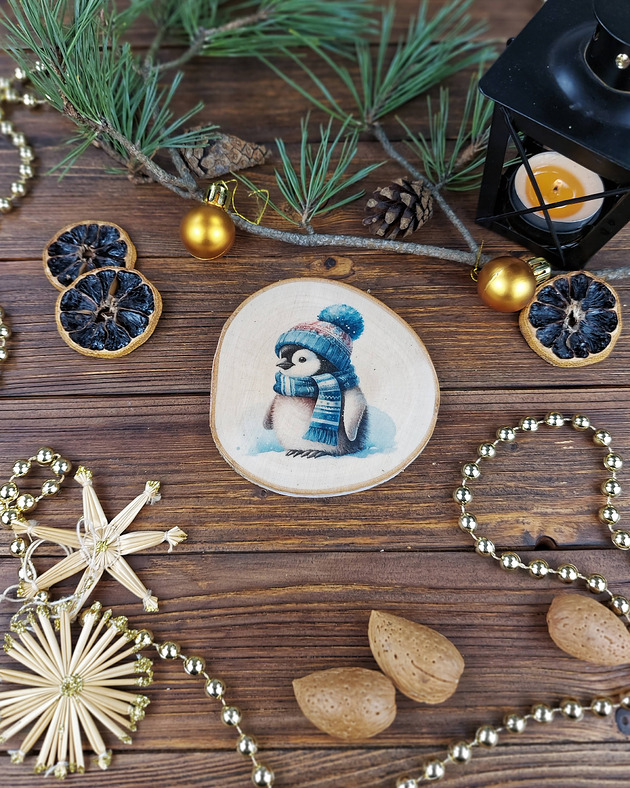 ozdoby choinkowe Brzozowa podkładka pod kubek, świąteczna zawieszka - bałwanek