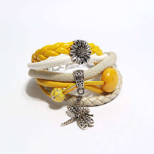 bransoletki - inne Bransoletka - Żółta ważka, stokrotka - rzemienie