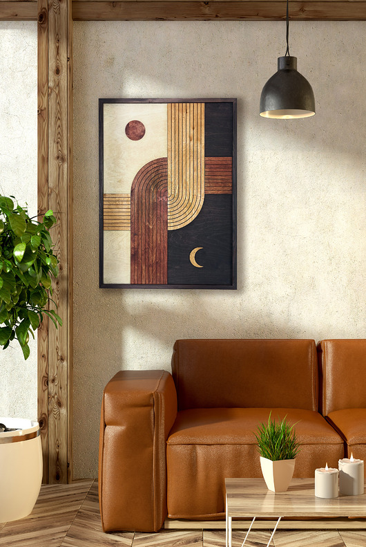 obrazy Drewniana dekoracja mid-century. "Dzień i noc". Obraz midcentury, boho.