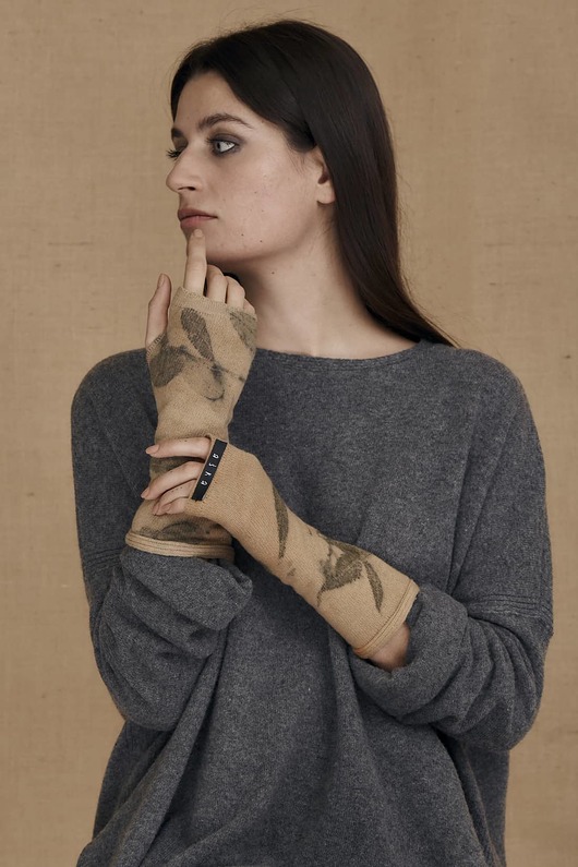 rękawiczki damskie Unikatowe Mitenki eco-print Flora Bege