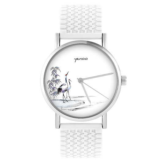 zegarki damskie Zegarek - Żurawie sumi-e - silikonowy, biały