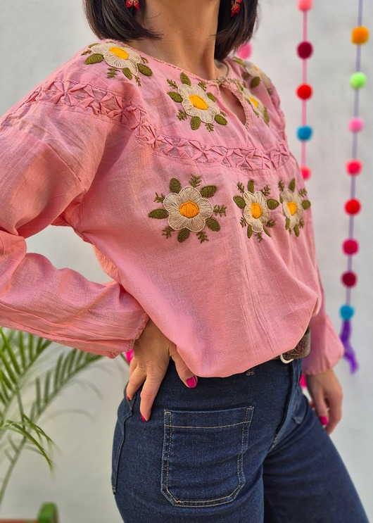 t-shirt damskie Bluzka ręcznie haftowana CAMA Różowa kwiaty ONE SIZE