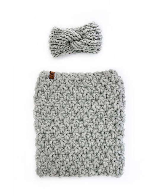 opaski do włosów Szary komplet wełniany komin i opaska z grubej wełny