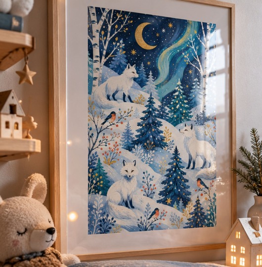 grafiki i ilustracje PLAKAT pokój dziecka zimowa ilustracja zwierzęta lisy Polarne