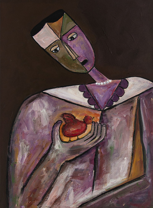 obrazy ORYGINAŁ. Obraz na płótnie - Kobieta z pisklęciem 40x30 cm