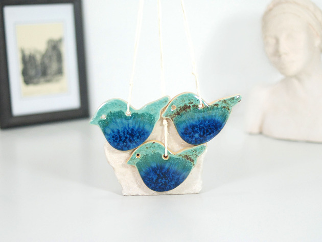 Ozdoby na ścianę Turkusowe ptaszki - ozdoby ceramiczne do powieszenia