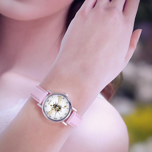 zegarki damskie Zegarek  mały - Bee natural - skórzany, pudrowy róż