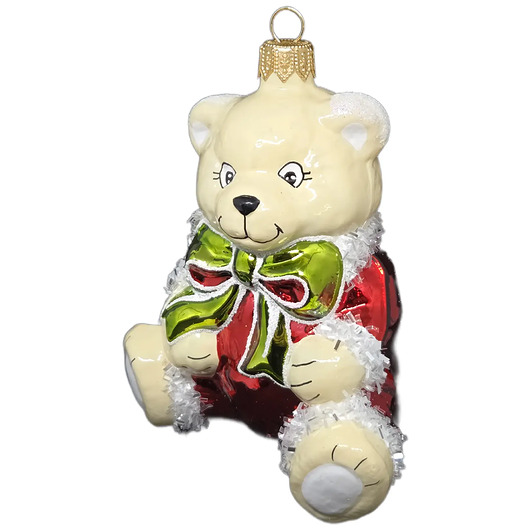 bombki Ręcznie malowana bombka szklana beżowy miś w czerwonym stroju