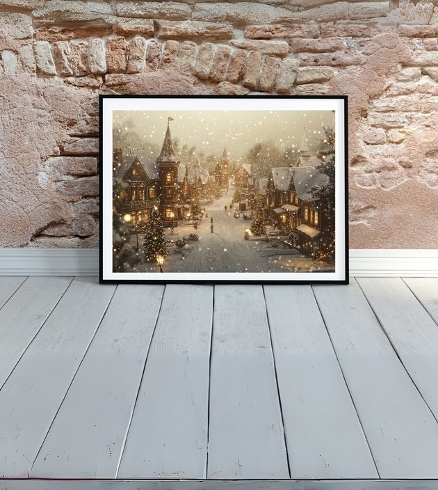 fotografia PLAKAT zimowy vintage wioska świateczna dekoracja