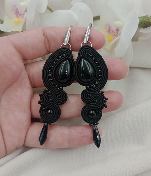 kolczyki soutache Długie kolczyki soutache z onyksem, czarne kolczyki sutasz