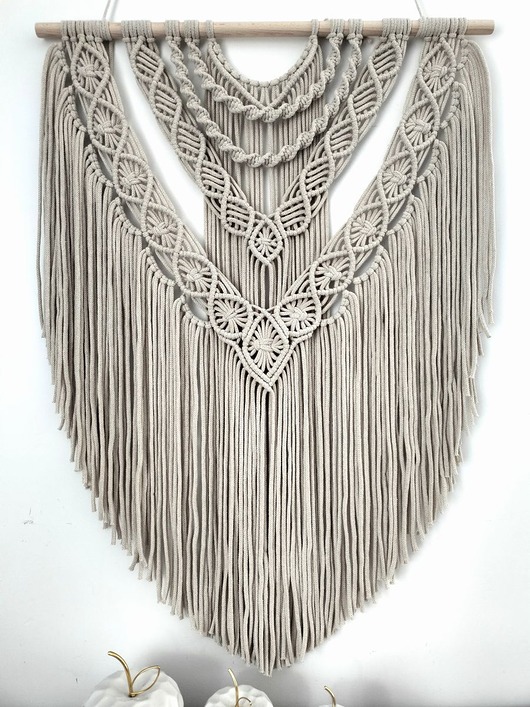 makramy Beżowa Makrama na Ścianę XL STONE Duża Ozdoba Boho 70x100 cm
