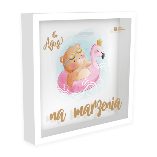 ramki na zdjęcia Ramka Skarbonka - Na marzenia - misiu na flamingu - z imieniem dziecka