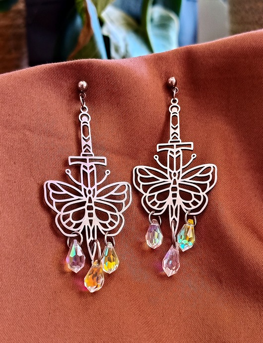 kolczyki - inne Kolczyki motyle z kryształami, motyl, miecz, błyszczące kolczyki, boho