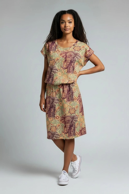 sukienki maxi damskie Sukienka boho ze słoniami Auri Lili unikat jersey bawełniany L 40