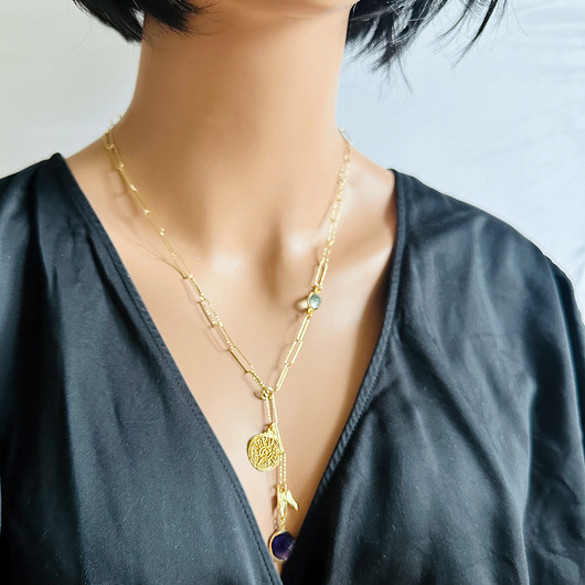 złote naszyjniki Naszyjnik KWIAT ZMYSŁOWOŚCI z ametystem i topazem, na szerokim łańcuszku