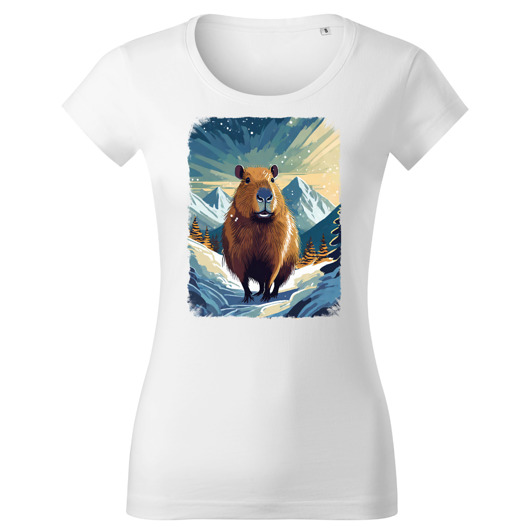t-shirt damskie Tatra Art i gwiazdorska kapibara na szlaku zimą w górach damska