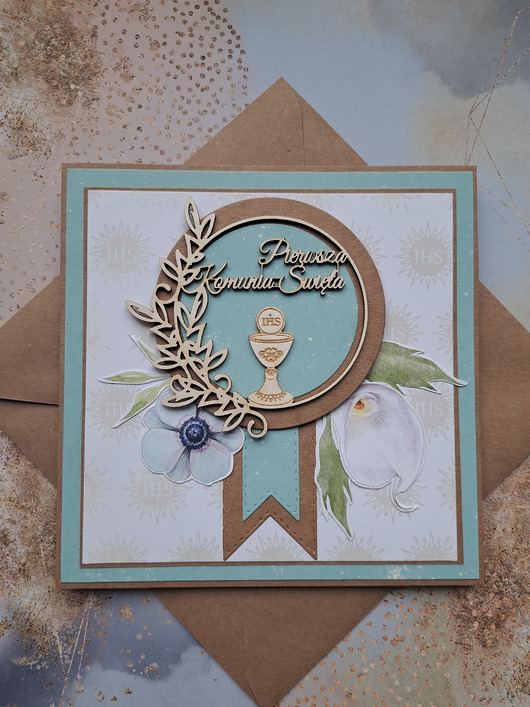 kartki scrapbooking Kartka na Komunię dla chłopca (w kopercie)