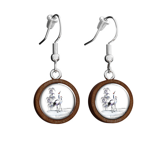 kolczyki drewniane Kolczyki drewniane - Żurawie sumi-e - wiszące