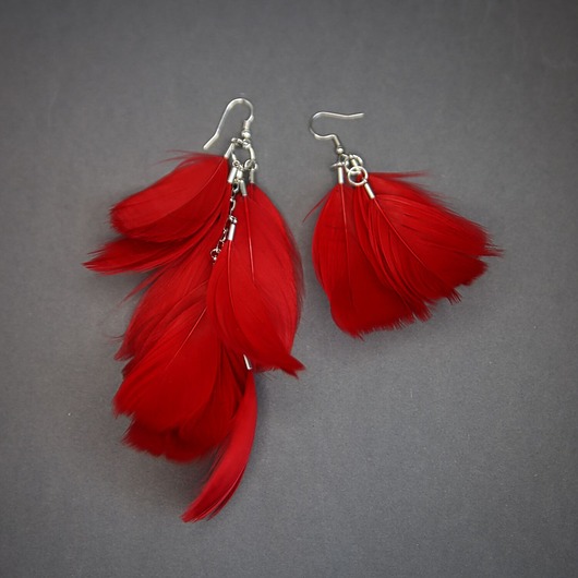 kolczyki z piórami Czerwone asymetryczne pióra boho, kolczyki