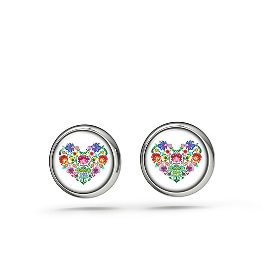 kolczyki szklane Kolczyki sztyfty - Folkowe serce - mini