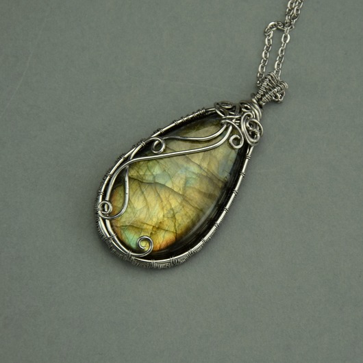 wisiory Duży wisior złoty labradoryt wire wrapping
