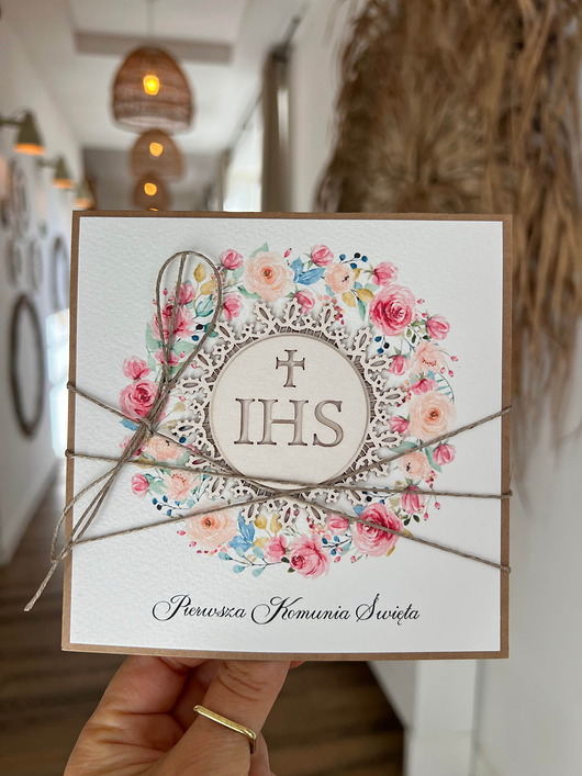 kartki na komunię Ręcznie robiona kartka na komunię z życzeniami