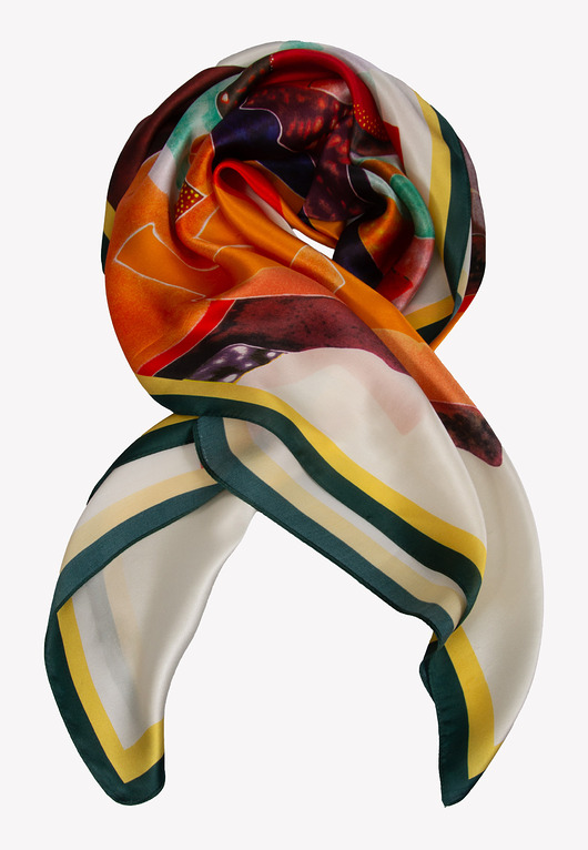 apaszki Apaszka jedwabna z zieloną obwódką i abstrakcyjnym wzorem