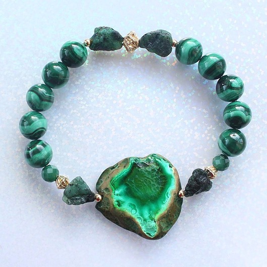 bransoletki z kamieni naturalnych UNIKAT! - Malachit, szmaragd, agat złoto