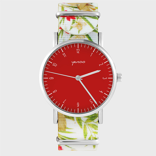 Zegarek - Elegance red - kwiaty, nato, biały yenoo