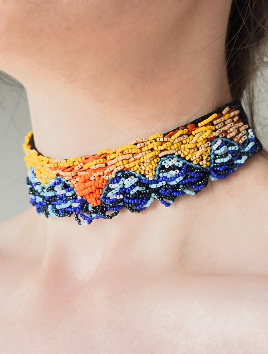 chokery Haftowany choker, choker z koralików, aksamitny choker