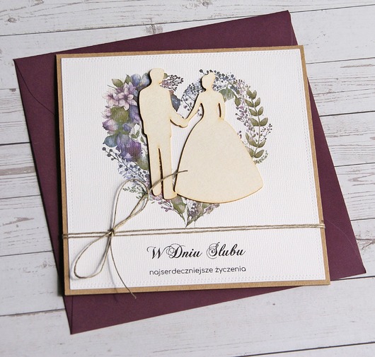 zaproszenia i kartki na ślub Kartka ślubna z życzeniami : fiolet