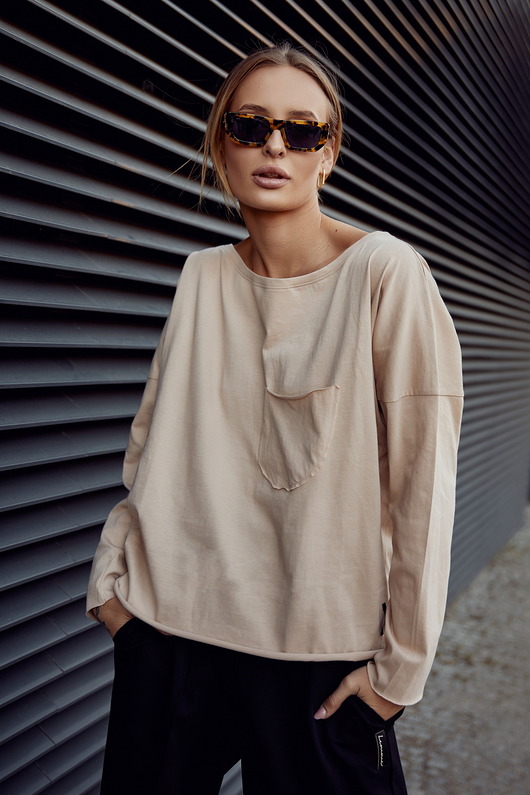 t-shirt damskie Koszulka longsleeve Z KIESZONKĄ bawełniana beżowa