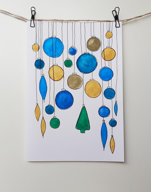 kartki scrapbooking Kartka Świąteczna Wiszące Bombki, akwarela.