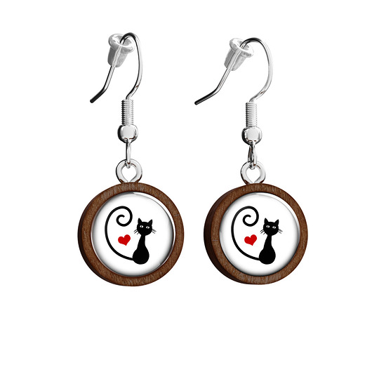 kolczyki drewniane Kolczyki drewniane - Kotek, serce - wiszące